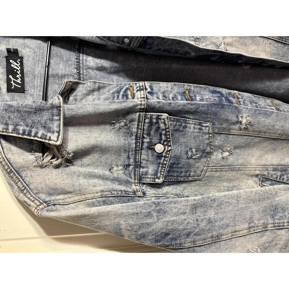 Thrill distressed full length jean jacket Small - Picture 3 of 8